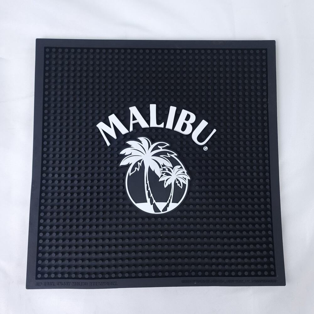 Malibu Coconut Rum Bar Service Mat Black White Logo Palm Trees 14x14 Rubber